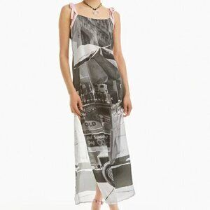 Basic Pleasure Mode Bowtie City Print Satin Dress New With Tag